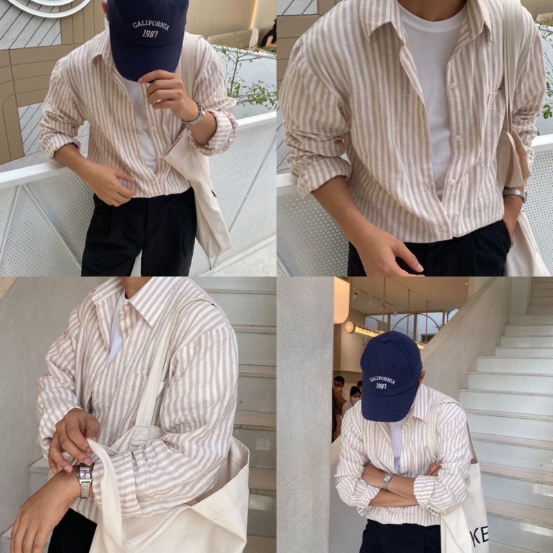 Áo Sơ Mi Dài Tay Chất Liệu Linen Cao Cấp Màu Kẻ Be Hồng dành cho Nam Heebyohi