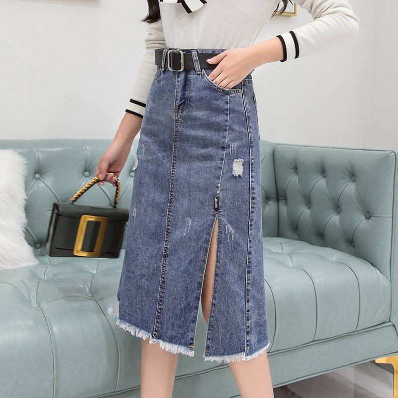 Chân váy jean lưng cao xẻ tà thời trang cho nữ