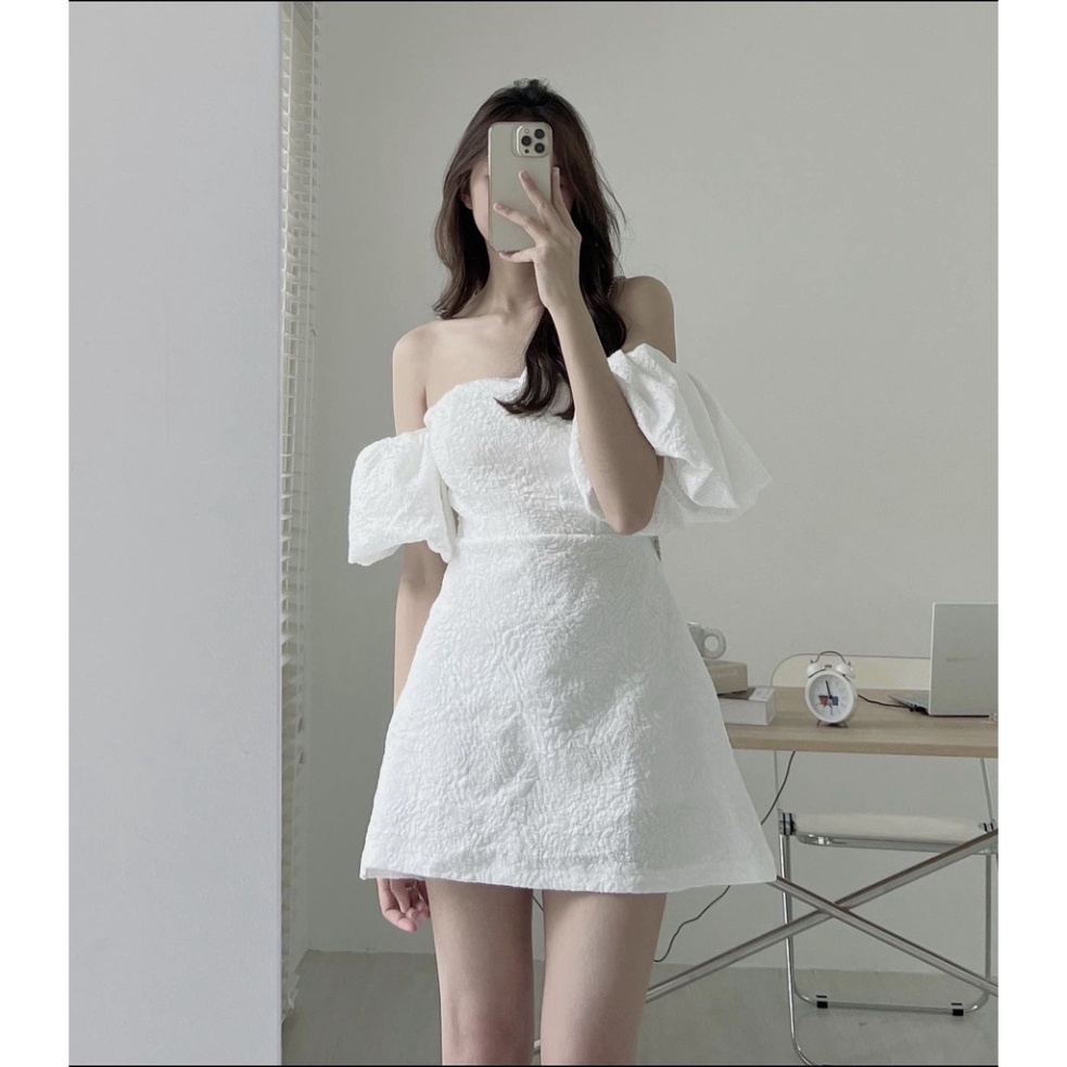 Váy gấm xốp trễ vai tay bồng siêu xinh - Hàng thời thượng - BC371 váy xinh hot trendy - babydoll