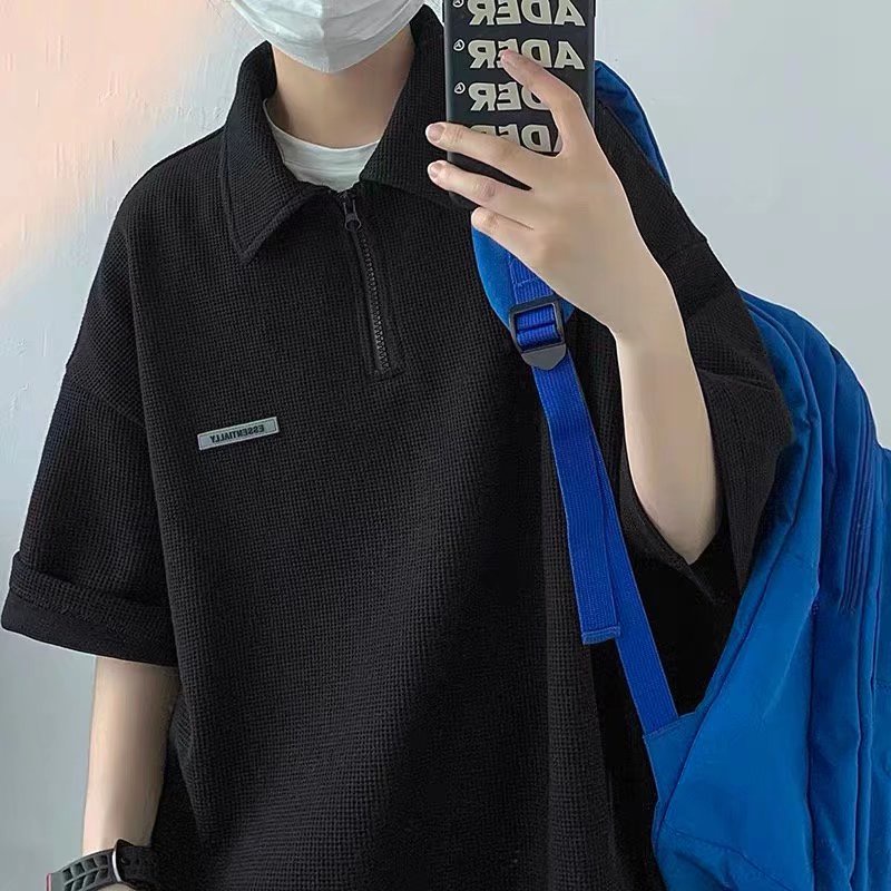 Áo polo Ngắn Tay Dáng Rộng Màu Trơn Phối Khóa Kéo Thời Trang Unisex