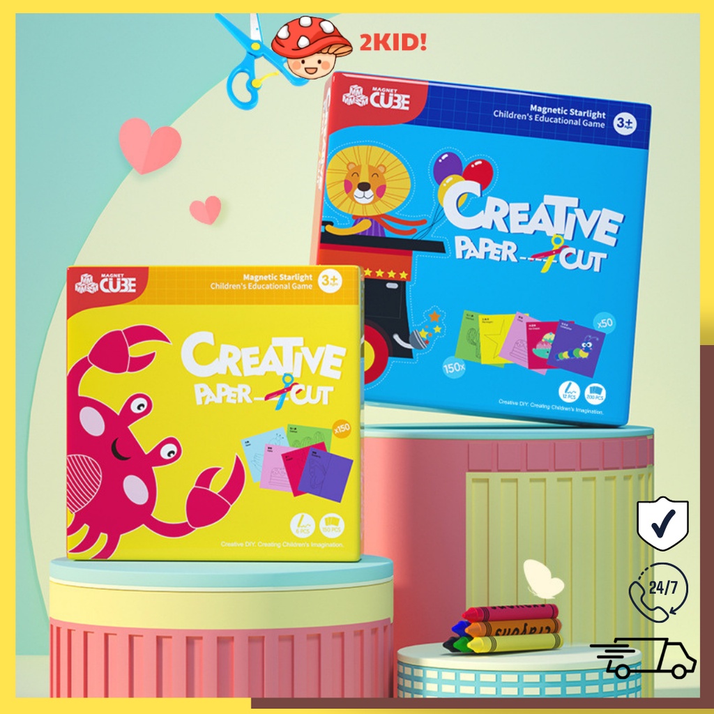 Đồ chơi thủ công, Bộ cắt giấy thủ công theo chủ đề hãng CUBE cho bé, Kèm theo 2 chiếc kéo và set 12 bút sáp màu