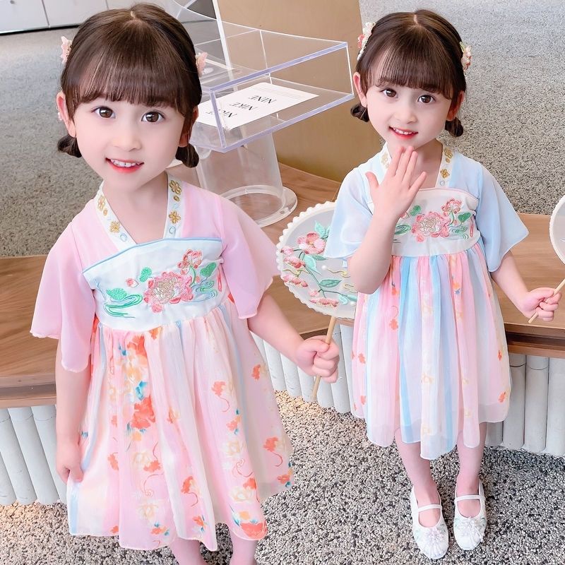 Đầm Hán Phục Tay Ngắn Phối Lưới Thêu Họa Tiết Phong Cách Trung Hoa Mới 2022 Cho Bé Gái