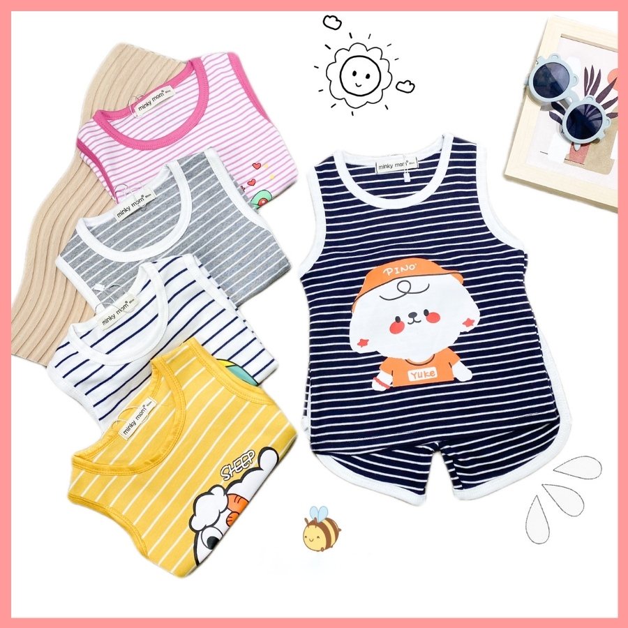 Bộ Cotton Hàn Ba Lỗ Cho Bé Trai Bé Gái 8-19kg -BL-IN27 Hoạ Tiết Kẻ Sọc Chất Vải Thoáng Mát