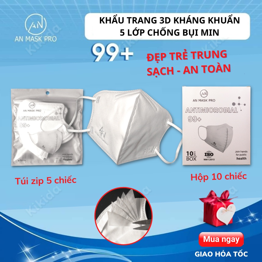 Khẩu trang 3d y tế kháng khuẩn N99+ 5 lớp AN MASK PRO chống bụi mịn, kiểu dáng ôm gọn mặt thoáng đẹp - Không dây rút