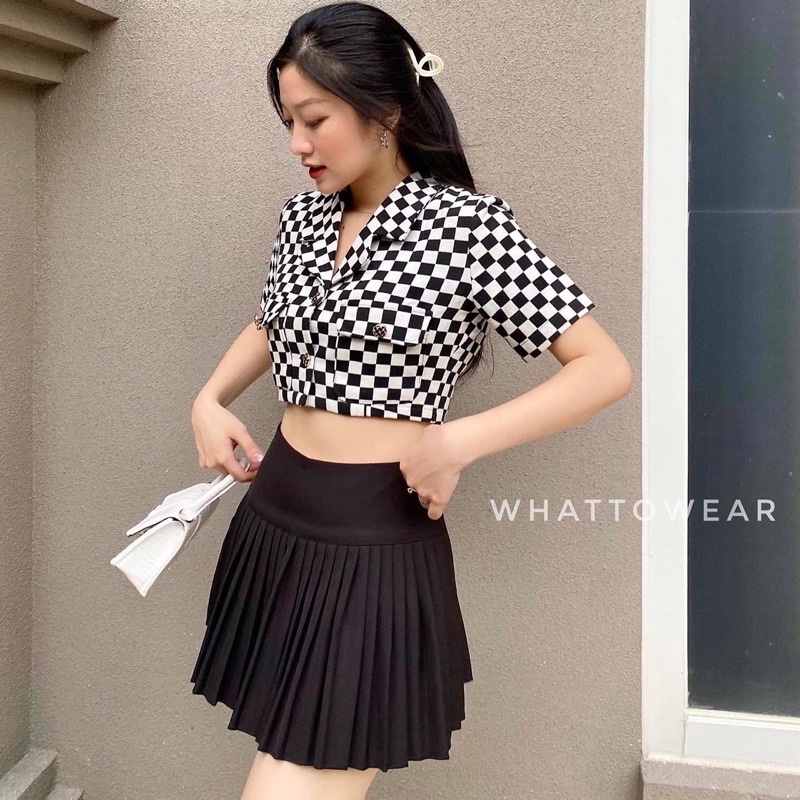 [SALE Xa Kho] Áo Blazer croptop tay ngăn cài nút vải tweed và bố 2 màu