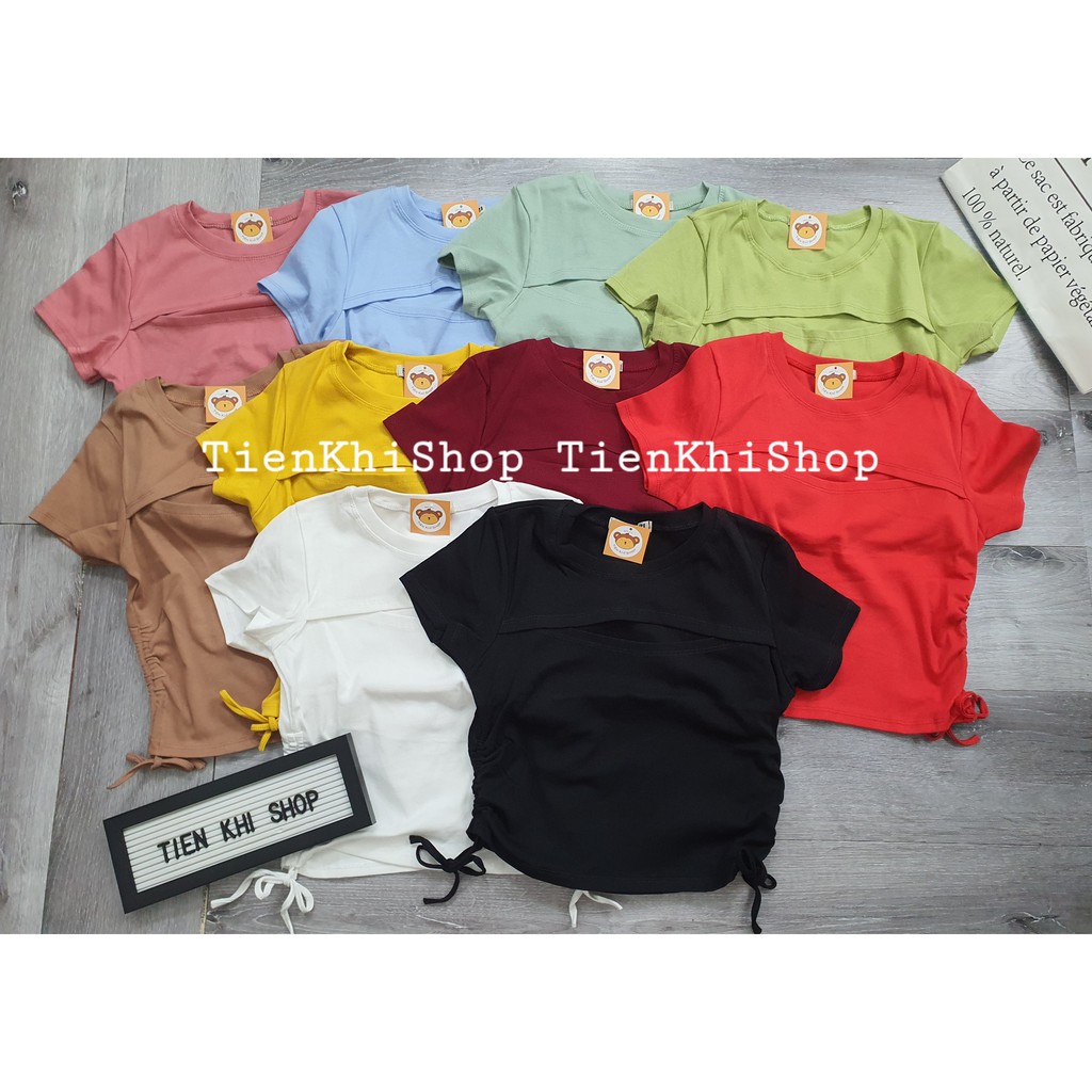 [CÓ SẴN FREESHIP ĐƠN TỪ 50K] Áo croptop tay ngắn màu trơn vải thun khoét ngực rút dây hai bên eo nữ BS24