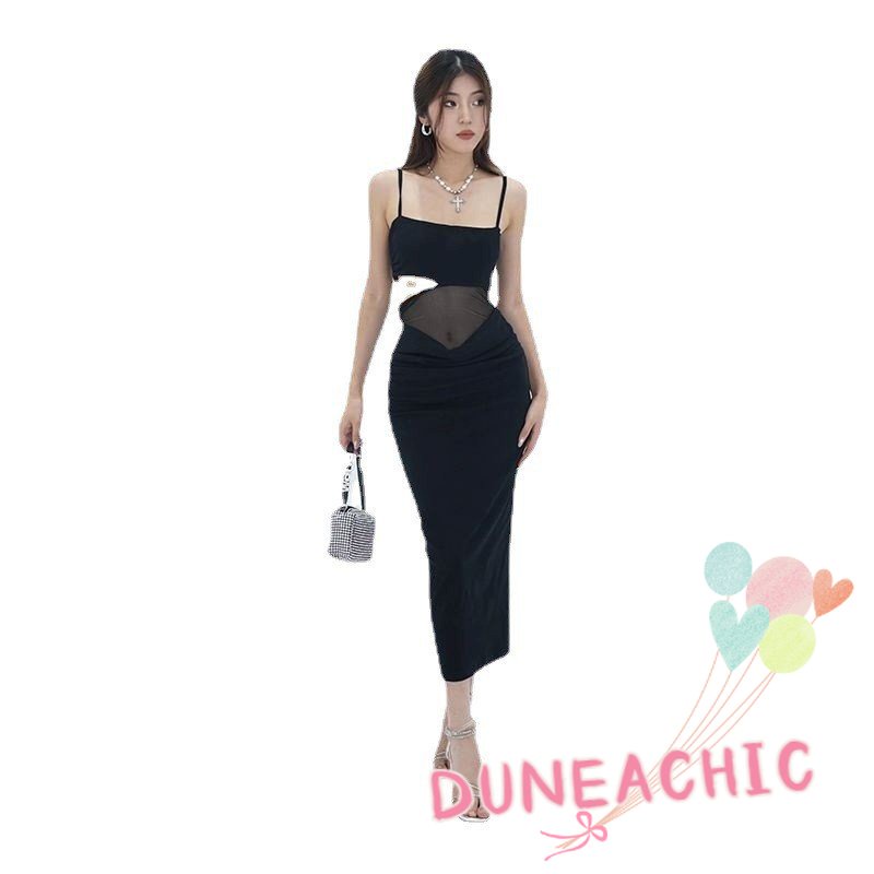 Đầm hai dây DUNEA ôm eo phối lưới thời trang quyến rũ cho nữ