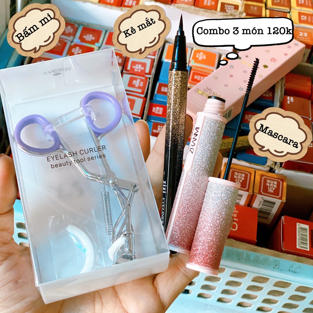 COmbo 3 món cho mắt đẹp gồm 3 món chì kẻ mắt+ mascara và kẹp bấm mi màu đen tự nhiên giữ màu lâu