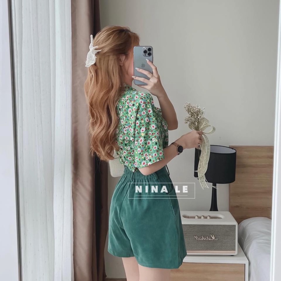 Set sơ mi xanh cúc họa mi quần short đùi LT290 0322