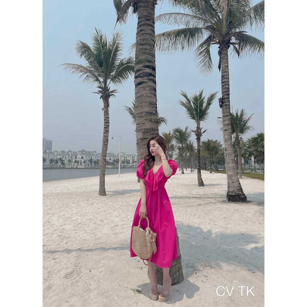 Đầm maxi đi biển váy cổ V viền bèo thắt nơ sau THV0005