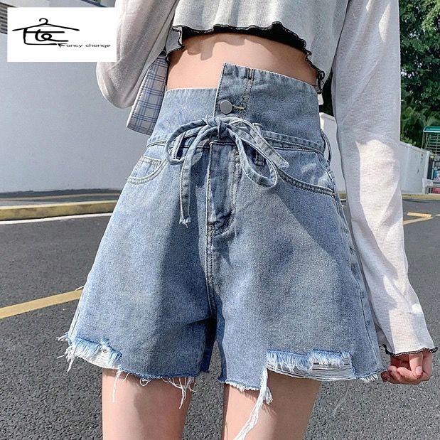Quần Short Denim Lưng Cao Ống Rộng Phong Cách Nhật Bản Thời Trang Mùa Hè Hàng Mới