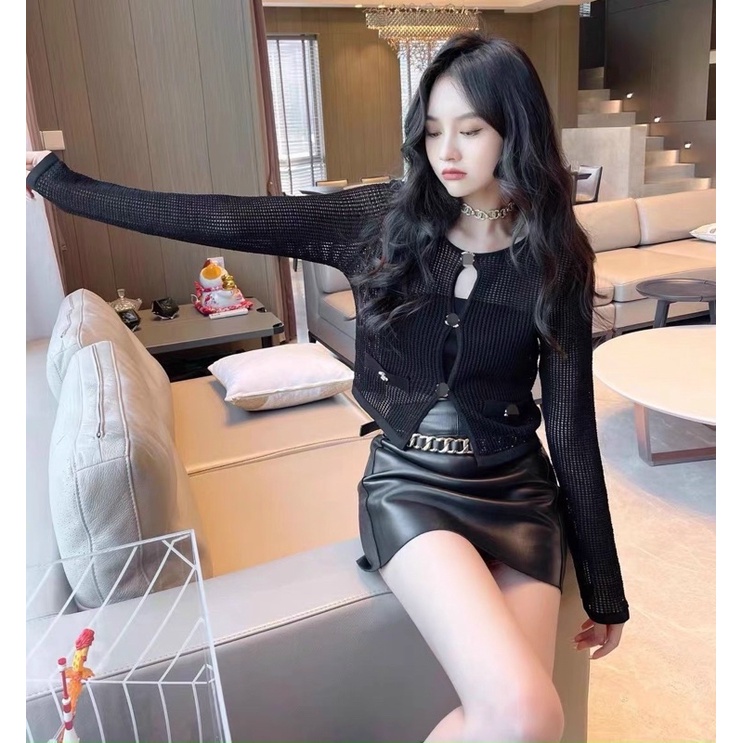 Set áo len cặp gồm áo quây ngang và áo khoác cadigan lưới