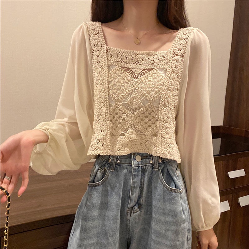 Áo Sơ Mi Chiffon Mỏng Tay Dài Cổ Vuông Phong Cách Pháp Thanh Lịch Thời Trang Mùa Hè 2022 Mới Dành Cho Bạn Nữ