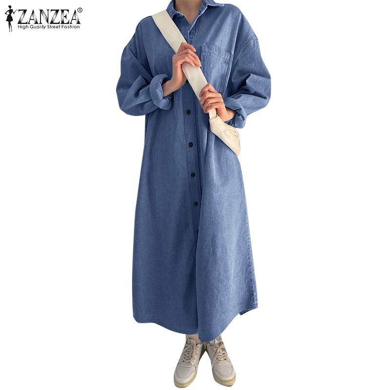 Đầm dáng dài ZANZEA tay dài cổ bẻ màu vải jean thoải mái phong cách Hàn Quốc thời trang dạo phố cho nữ