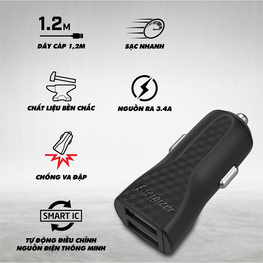 Sạc xe hơi Energizer 3.4A 2 Cổng USB màu đen, kèm cáp lightning - DC2CLLIM