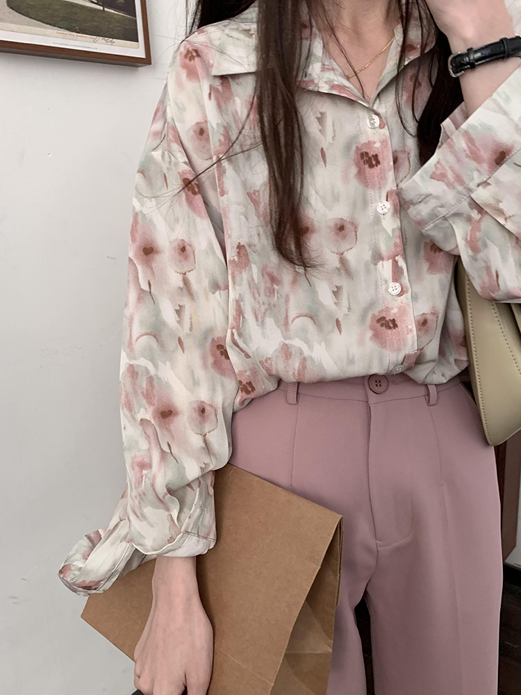 Áo sơ mi form rộng in họa tiết hoa phong cách Hàn Quốc dành cho nữ