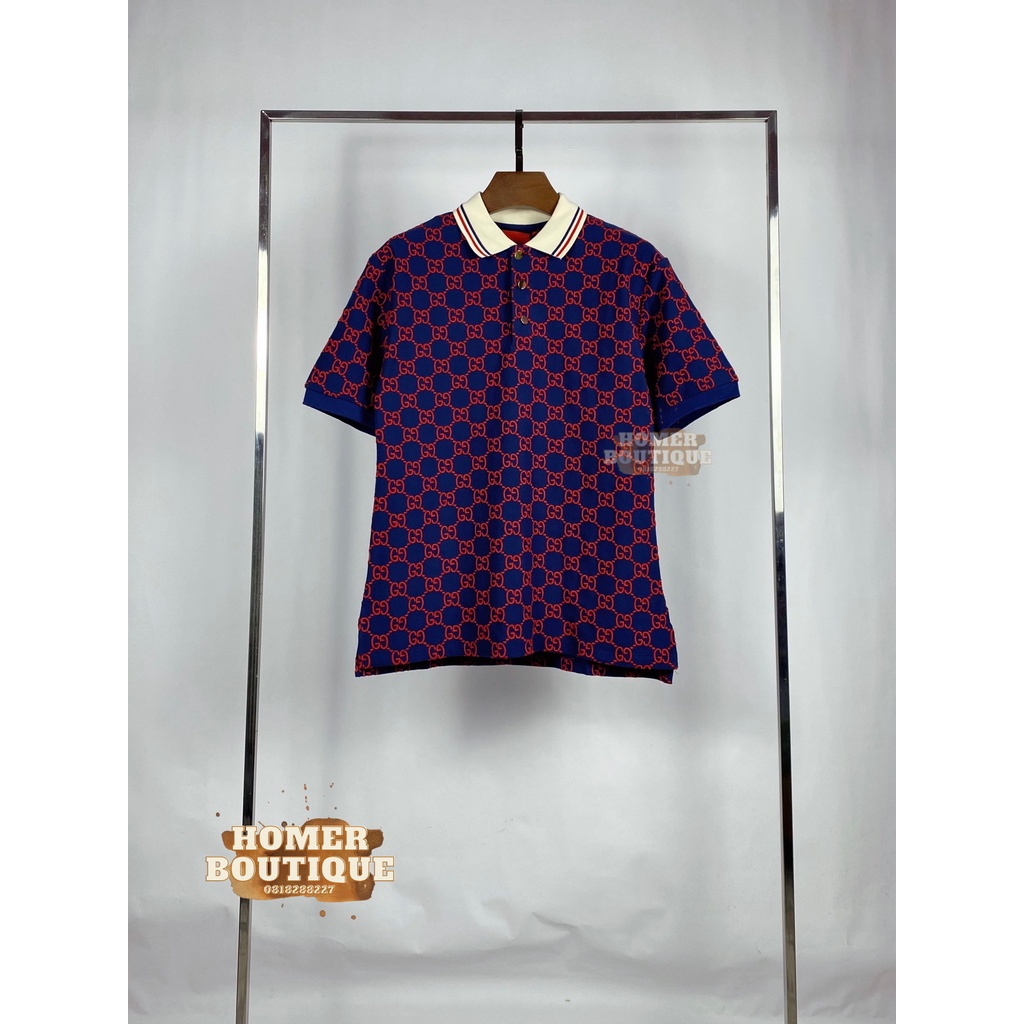 Áo Polo Chất Cotton Vân Thêu Rõ Ràng Gucci GG Stretch Cotton Polo Shirts/Blue Red