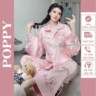 Bộ mặc nhà nữa Mango cao cấp quần dài POPPY-GẤU HỒNG