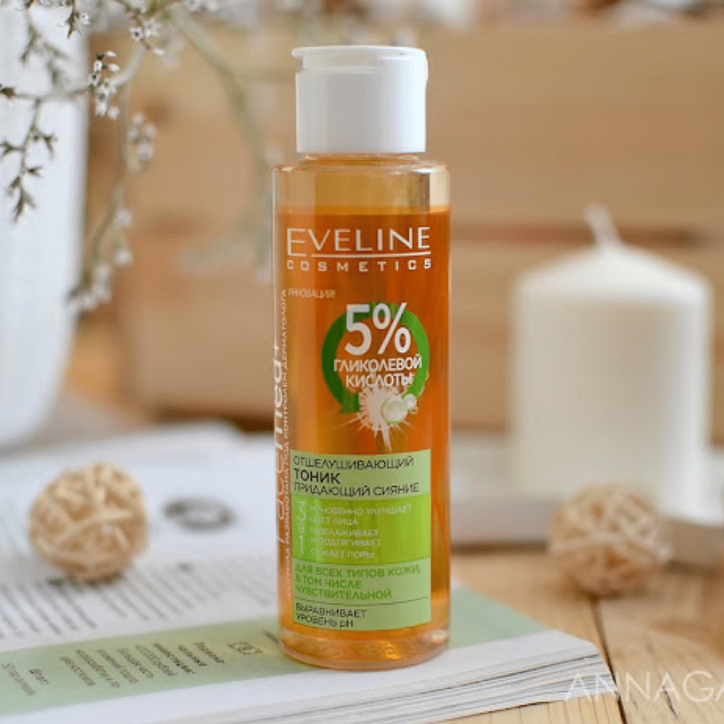 Toner eveline 5% Glycolic acid 3 in 1, nước hoa hồng eveline aha glycol therapy 110ml