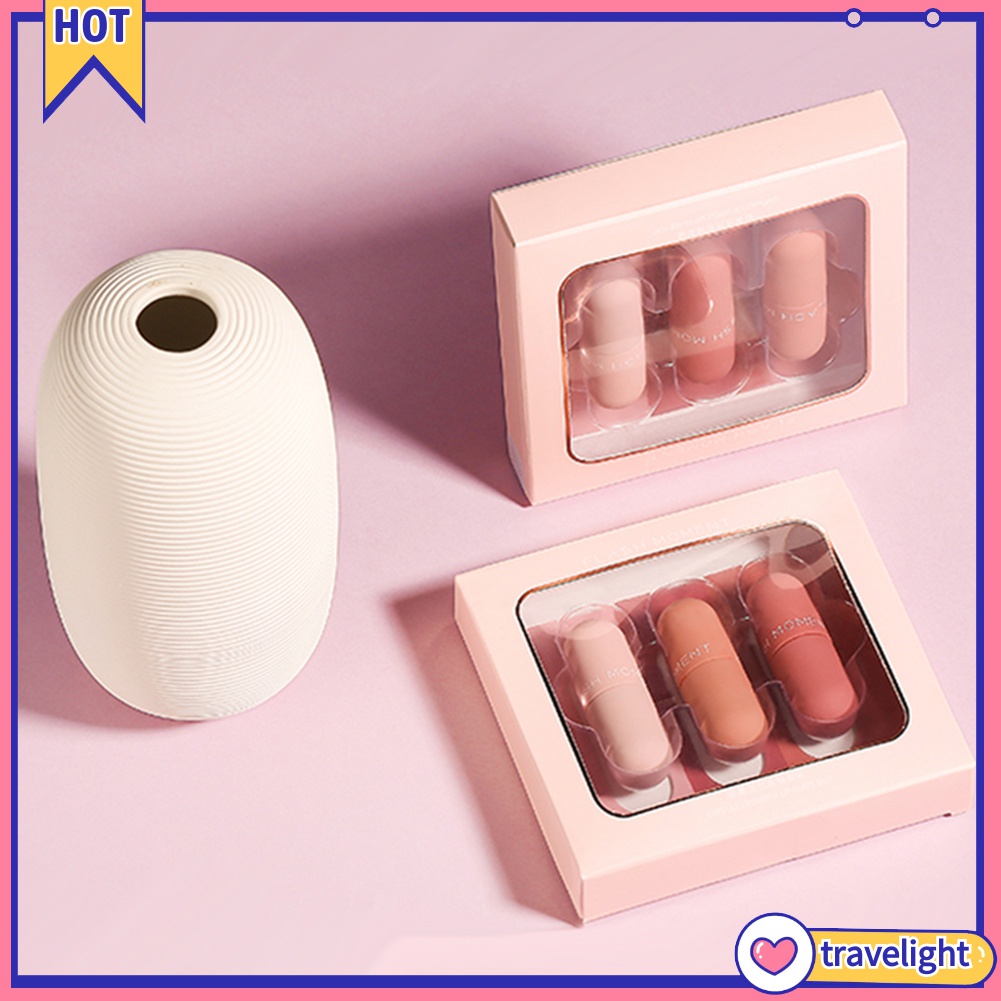 Set 3 son nhung lì dạng lỏng thiết kế vỏ hình viên thuốc mini dễ thương