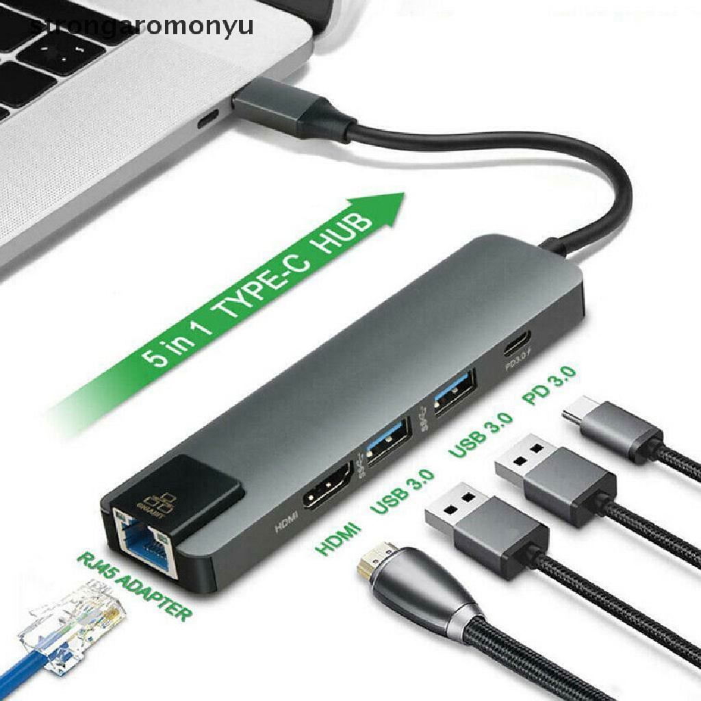【YU】 5-in-1 USB Type C Hub Adapter Dock with 4K HDMI PD RJ45 Ethernet Lan Charge .