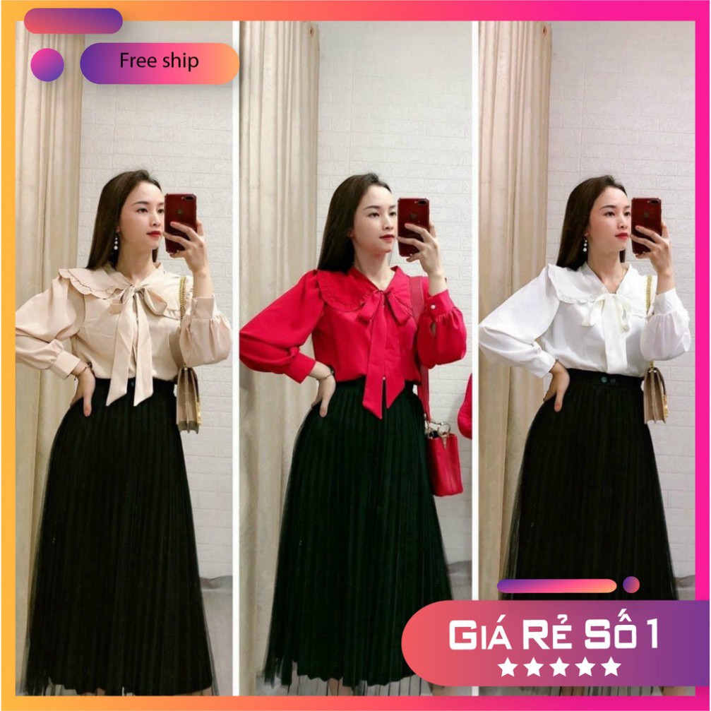 áo sơ mi cột nơ tiểu thư viền bèo có video+ảnh thật hihishophahah huongmitxu