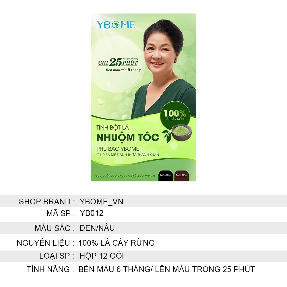 [Hộp 12] Tinh Bột Lá Nhuộm Tóc YBOME 100% Tự Nhiên An Toàn Dễ Chịu Bền Màu Dùng Cho Mọi Lứa Tuổi, Hiệu Quả Cho Bà Bầu