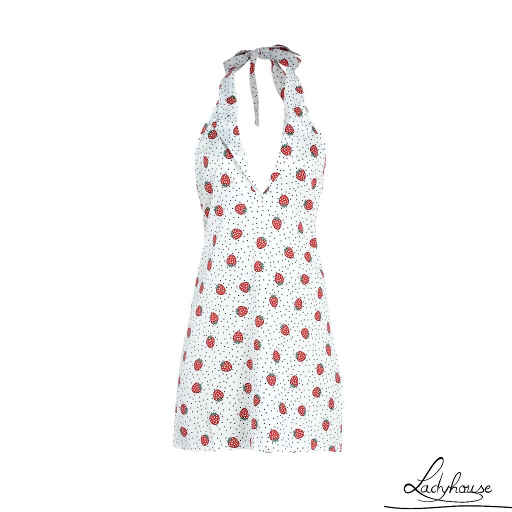 Ld-đầm Sát Nách Liền Thân Hở Lưng In Họa Tiết Quả Dâu/Hoa Thời Trang Mùa Hè Cho Nữ