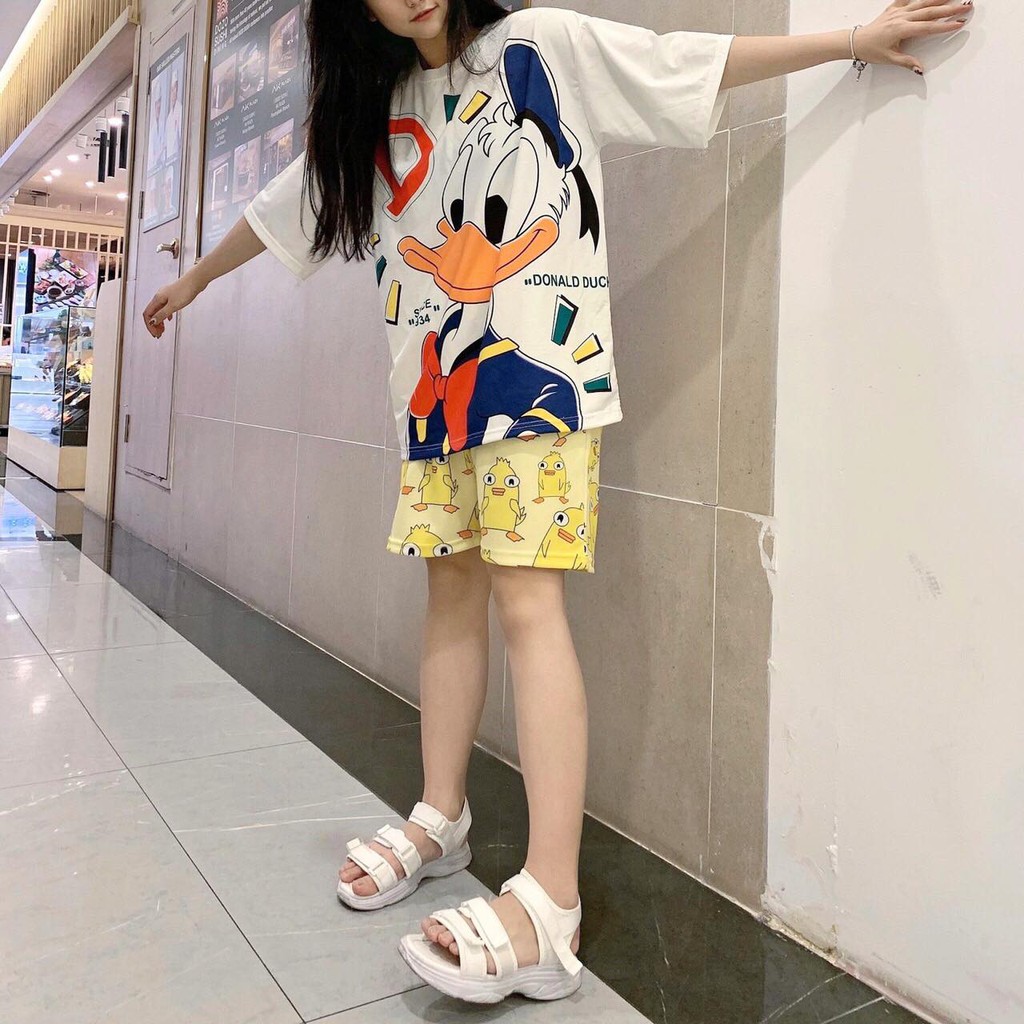 Set áo 3D vịt Donald + quần short/ quần dài vịt vàng cartoon unisex
