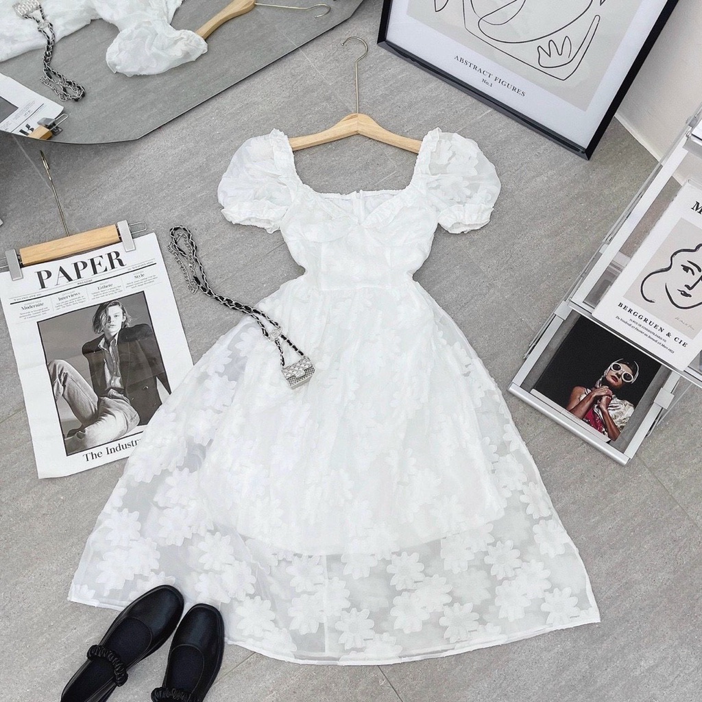 Đầm Trắng Cúp Ngực 💖DEMISS💖 Váy Cúp Ngực  Hoa Nổi Bèo Tay Phồng Dáng Dài Sang Chảnh - V-Trắng-58