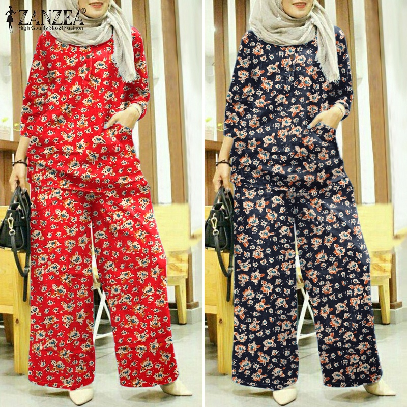 Zanzea Set Áo Tay 3 / 4 Phối Túi + Quần ống rộng Lưng Thun Thời Trang Nữ