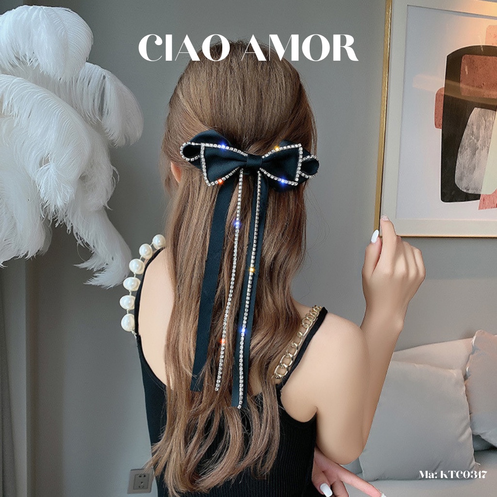 Kẹp tóc nữ, Kẹp nơ lụa nơ đính đá dây dài tiểu thư công chúa Phụ kiện tóc Trang sức Ciao Amor - KTC0317