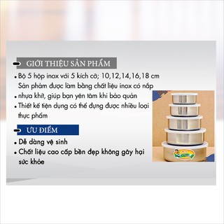 Bộ 5 thố inox có nắp đậy (10cm, 12cm, 14cm, 16cm và 18cm)