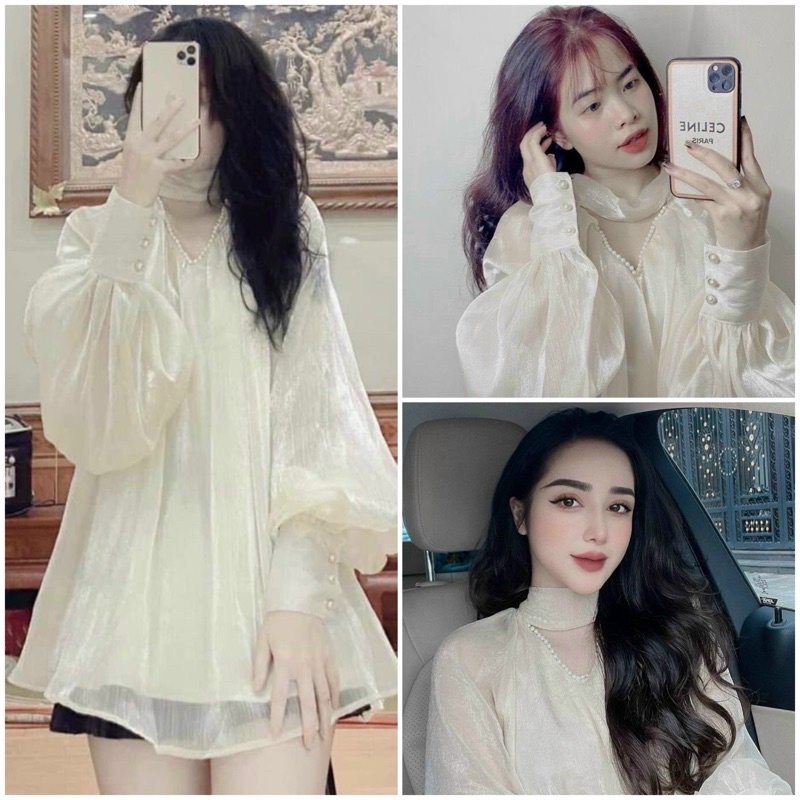 Áo voan tơ phối cổ ngọc tay bồng khuy ngọc thời trang