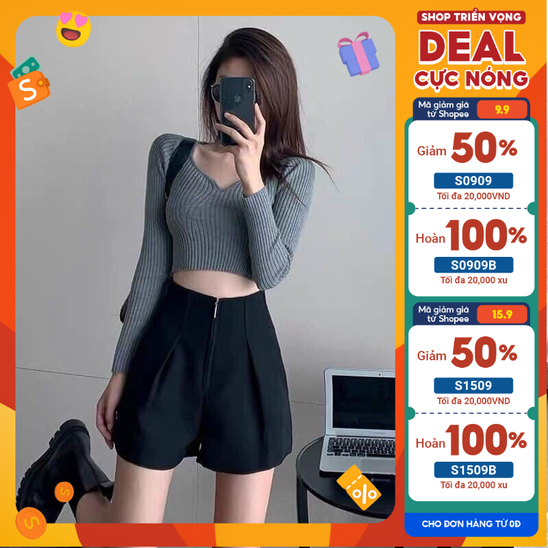 Quần Đùi Nữ Ống Rộng Lưng Cao 3 màu đen trắng nâu chất đẹp-mã Sooc Liền Trước
