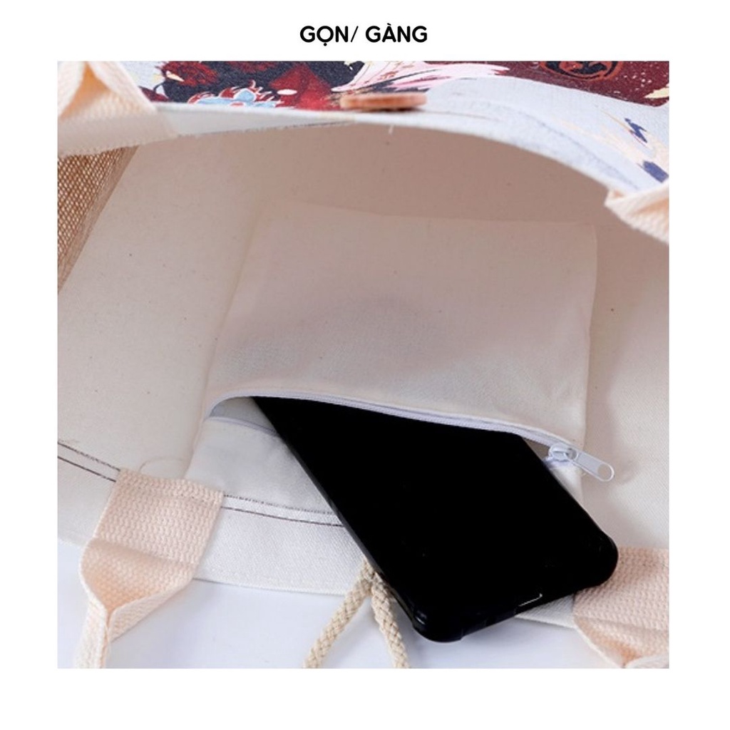 Túi cói đi biển du lịch vintage có cúc cài in hình vintage đựng đồ quần áo đứng form chống nước khuy cài Gọn Gàng
