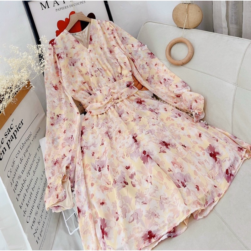 Jumpsuit/jump/đầm váy voan hoa tay dài đính nút ngọc, thời trang hot girl tiểu thư công chúa đi chơi dạo phố dự tiệc