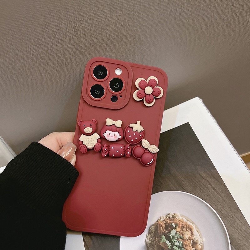 Ốp lưng ip pro camera đỏ đô kèm hoạ tiết nổi cute dễ thương dành cho ip