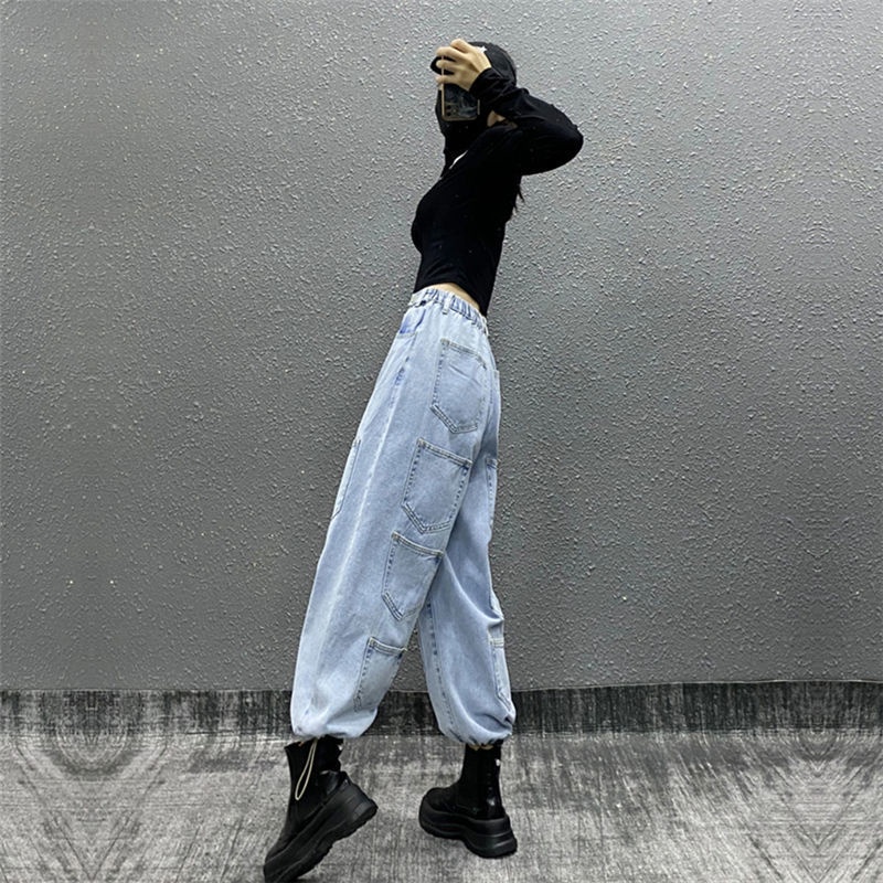 Quần jeans có túi cạp cao phong cách hip hop mới cho nữ