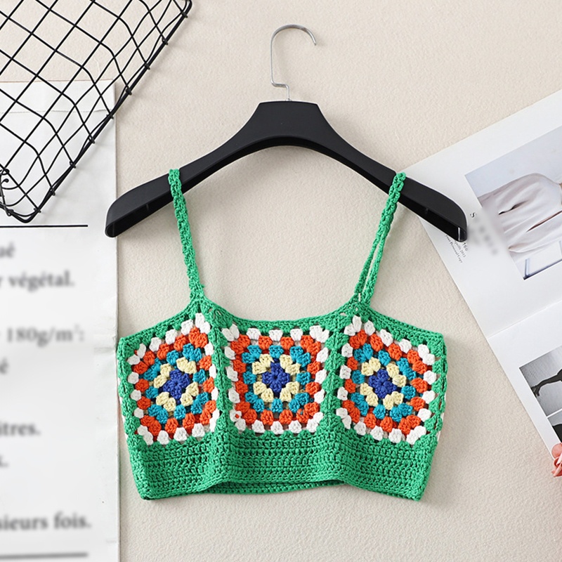 Brroa Áo Crop Top Hai Dây Dệt Kim Khoét Rỗng Kẻ Sọc Vuông Nhiều Màu Gợi Cảm Sho Cho Nữ
