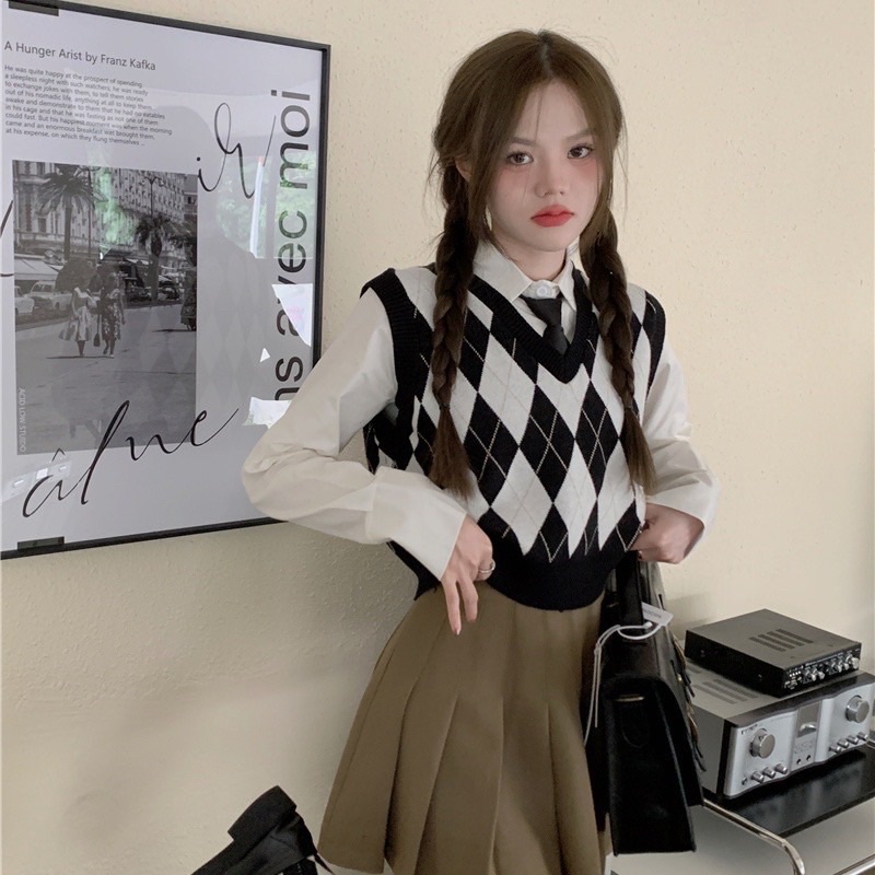 Áo len gile nữ dáng croptop hình thoi đan siêu chất