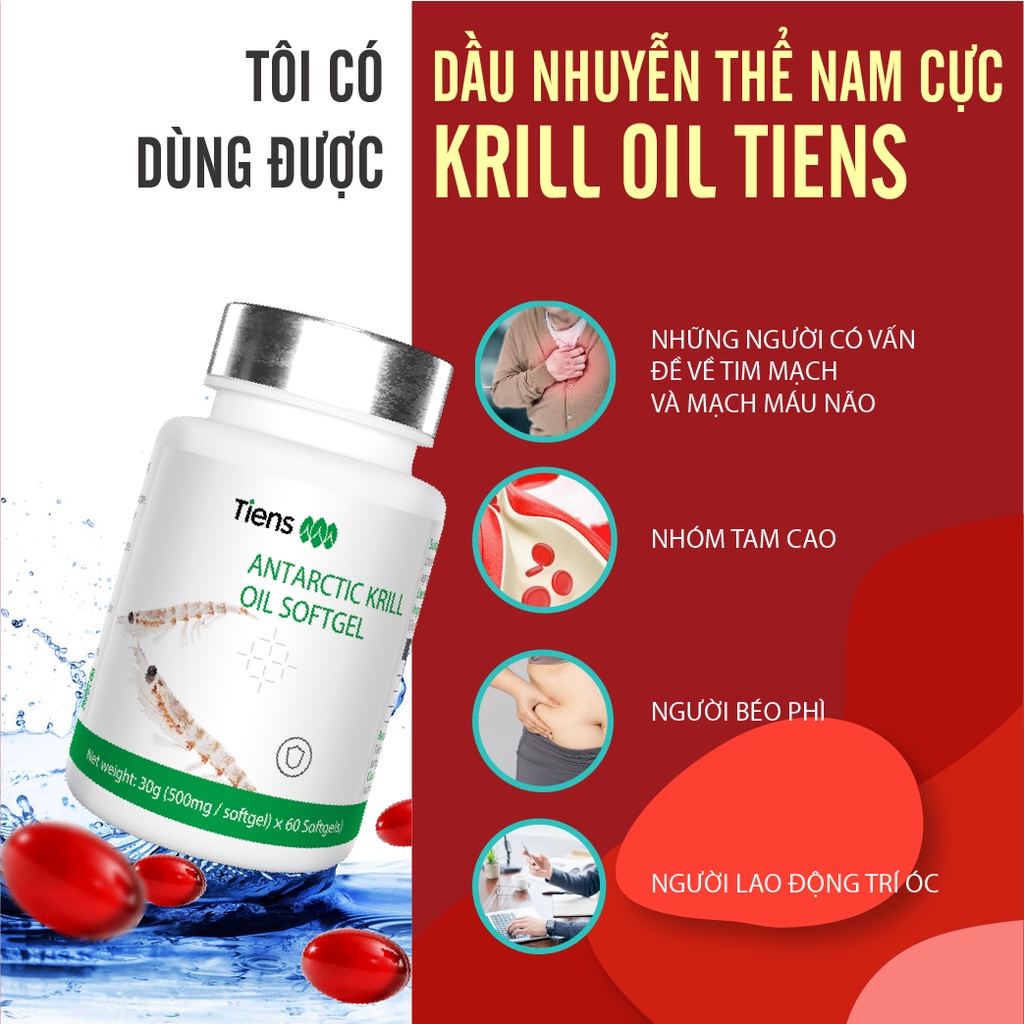 Viên dầu nhuyễn thể nam cực Krill Oil Tiens hỗ trợ giảm mỡ máu tốt cho tim mạch và não bộ hộp 60 viên