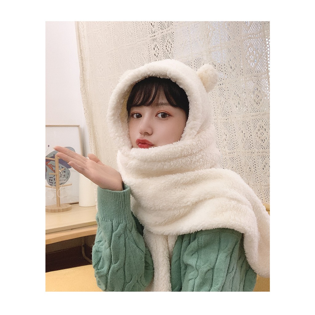 Mũ Len Lông cừu Tai Gấu Chụp đầu Giữ ấm Mùa Đông Dễ thương Ulzzang Hàn Quốc Mũ Tai gấu Chụp đầu Choàng cổ