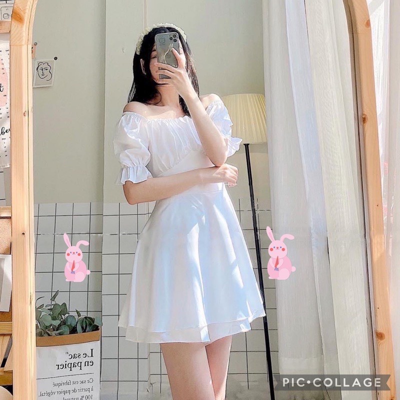 Váy nữ dáng xòe 2 tầng rúm ngực cổ vuông dây buộc eo- đầm tiểu thư nữ chất thô mềm về màu trắng đen phong cách hàn quốc