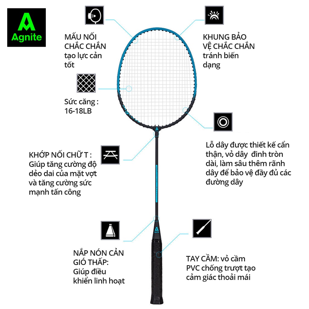 [TẶNG DÂY NHẢY 59K] Bộ 2 chiếc vợt cầu lông Agnite chính hãng tặng kèm hộp cầu, bao đựng, siêu nhẹ, khung carbon cao cấp