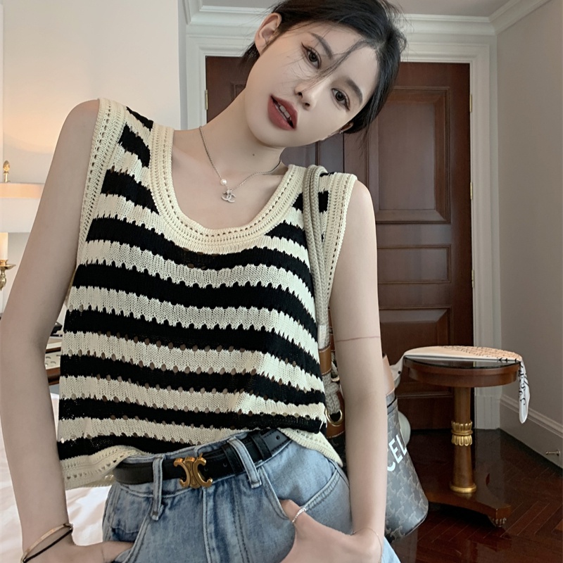 Áo Yếm Dệt Kim Sọc Áo Tanktop Dệt Kim Dáng Rộng Kẻ Sọc Cá Tính Thời Trang Hàn Quốc Cho Nữ
