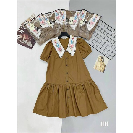 (Sale FreeShip) Đầm nữ from babydoll,cổ phối màu tay phồng dễ thương,kiểu dáng nhẹ nhàng dễ mặc lên from xinh xĩu