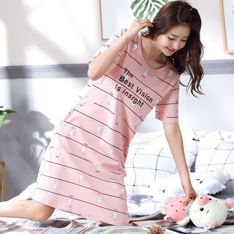đồ ngủ∋Thêm phân bón để tăng váy ngủ Mùa hè phụ nữ lỏng lẻo béo mm mang thai bộ đồ Hàn Quốc dịch vụ tại nhà