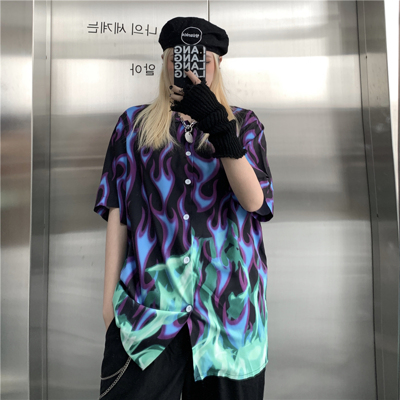 Áo Sơ Mi Tay Lửng Dáng Rộng In Hình Ngọn Lửa Phong Cách Hip Hop Đường Phố Cá Tính Dành Cho Nữ Và Nam