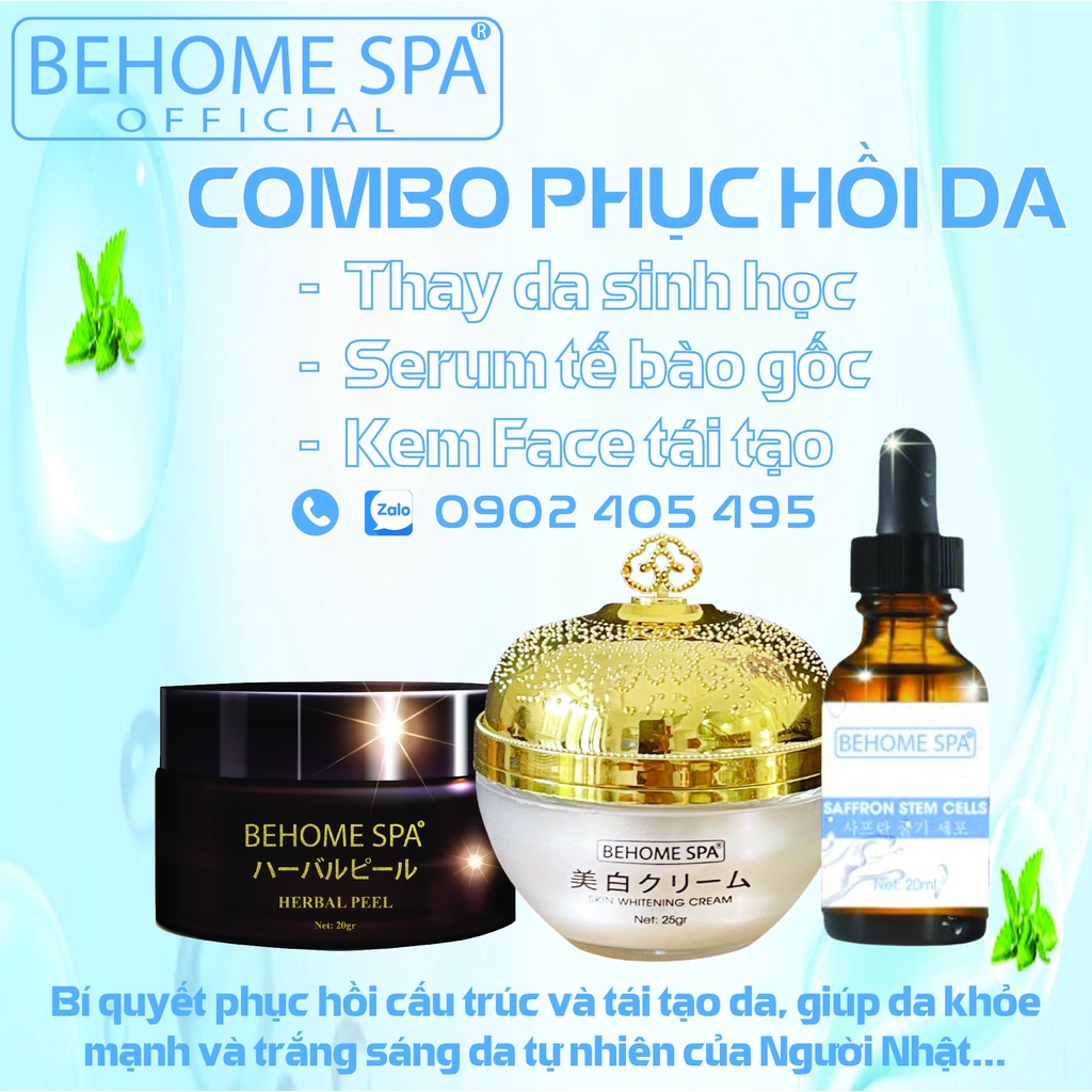 COMBO PHỤC HỒI DA BEHOME SPA: THAY DA SINH HỌC PEEL+ KEM FACE TÁI TẠO VÀ DƯỠNG DA+SERUM TẾ BÀO GỐC TINH CHẤT PHỤC HỒI DA